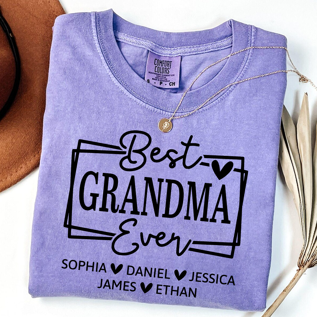 Comfort Colors Best Grandma Ever Personalized T Shirt with Heart Icons, Custom Family Gift Shirt for Grandma