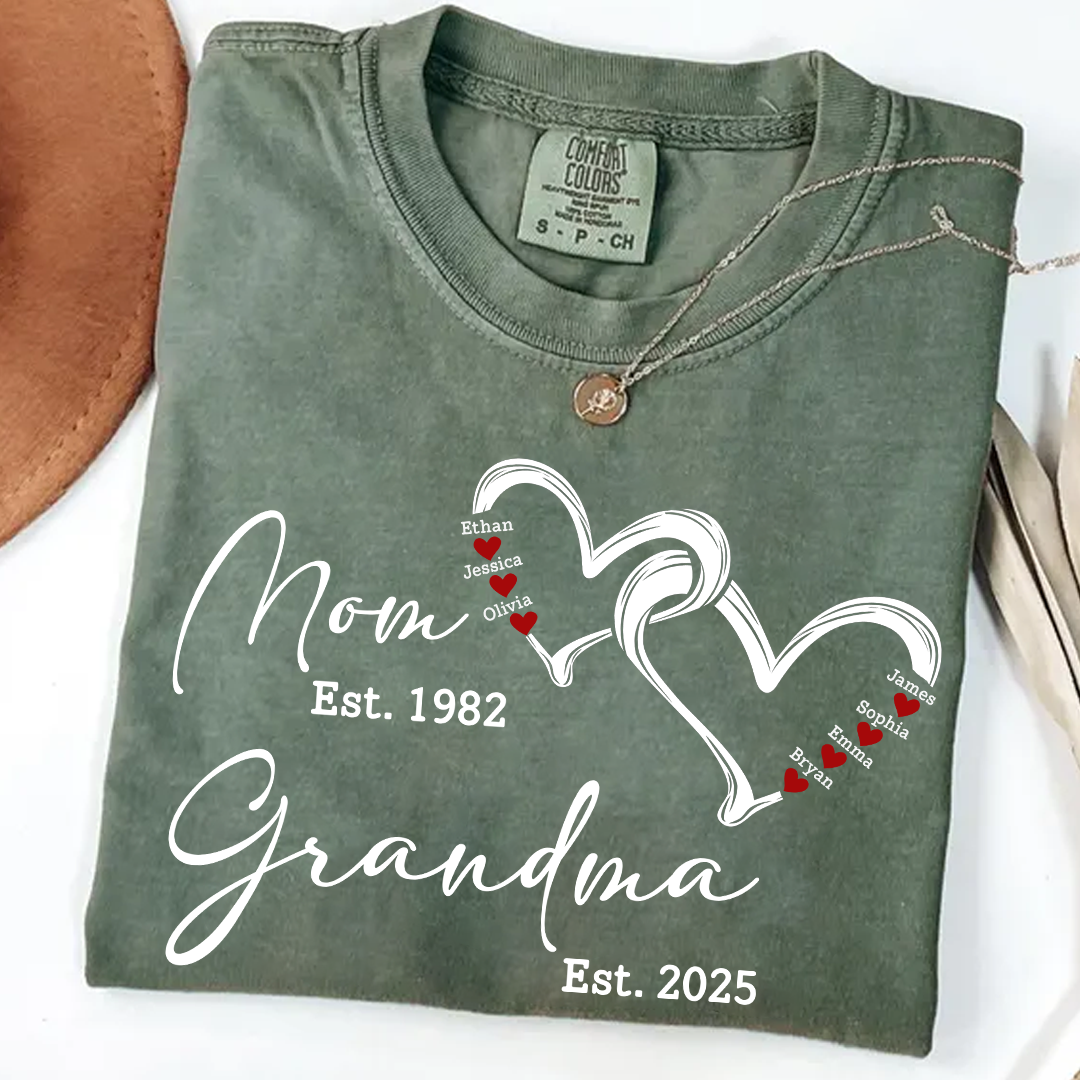Custom Comfort Colors® Mom Est Grandma Est Hearts Kids Name