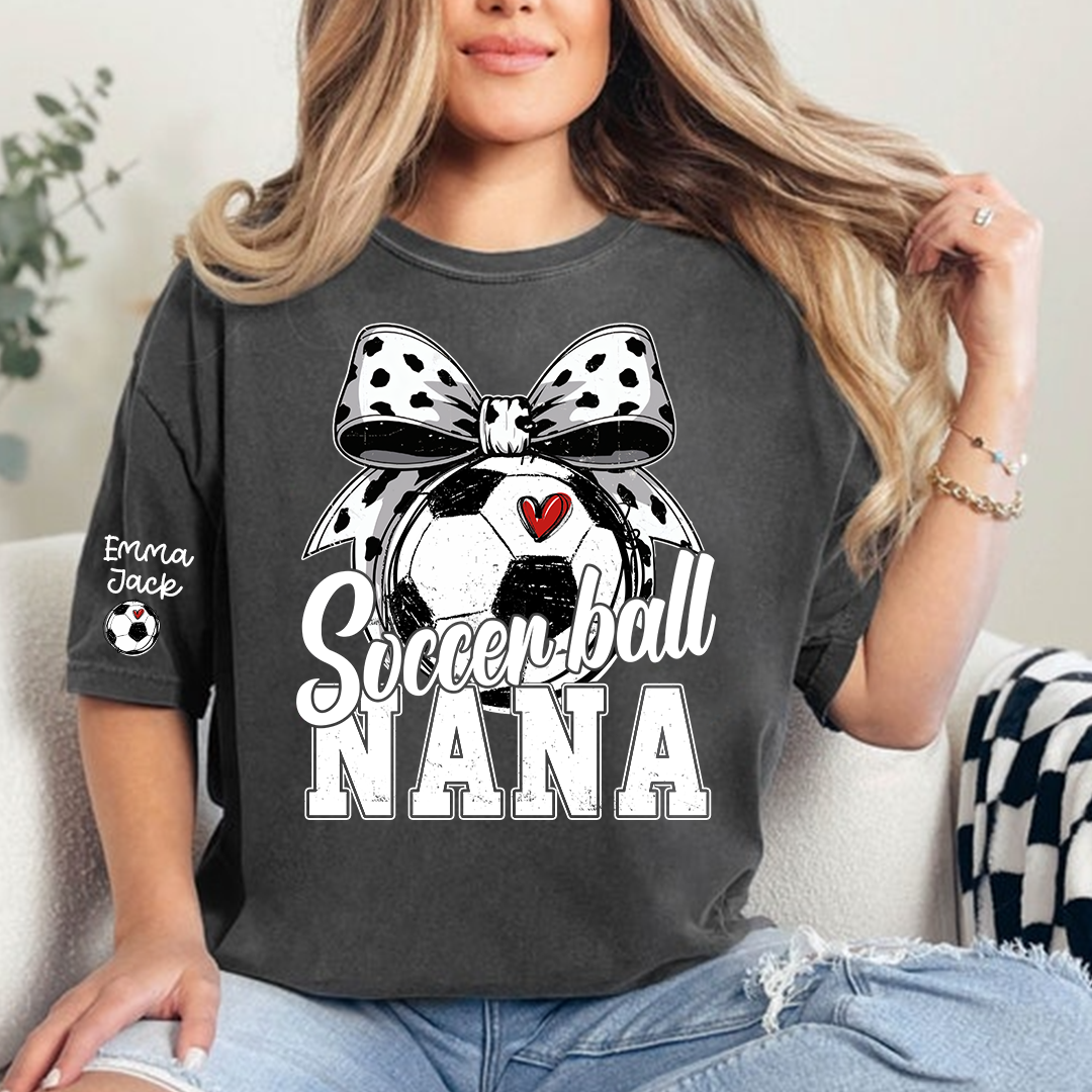 Soccer Nana Shirt Personalized with Grandkids Names, Soccer Ball Bow Family T Shirt