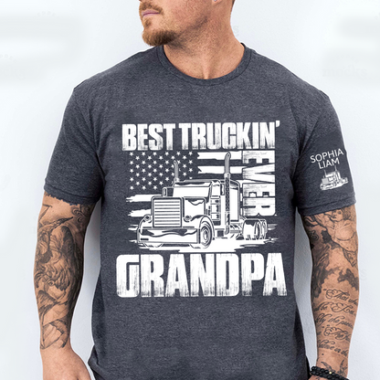Personalized Best Truckin' Grandpa Ever, 4th July Independence Day American Flag T-Shirt For Gift Grandpa And Kids