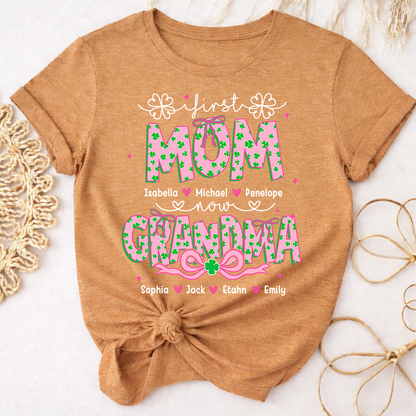 Patrick's Day First Mom Now Grandma Shirt, Personalized Family T-Shirt with Kids and Grandkids Names