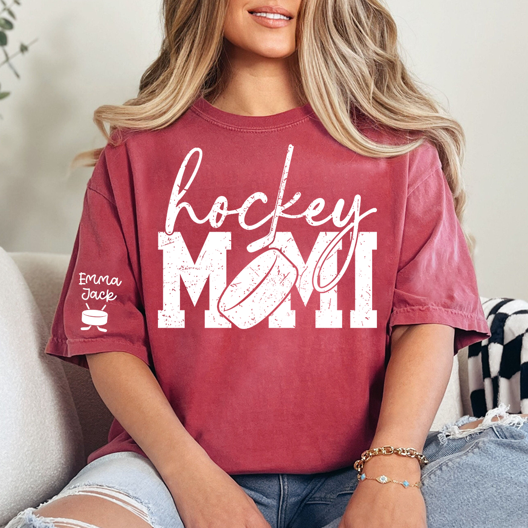 Hockey Mimi Shirt with Custom Names, Hockey Puck and Stick Design Family T Shirt