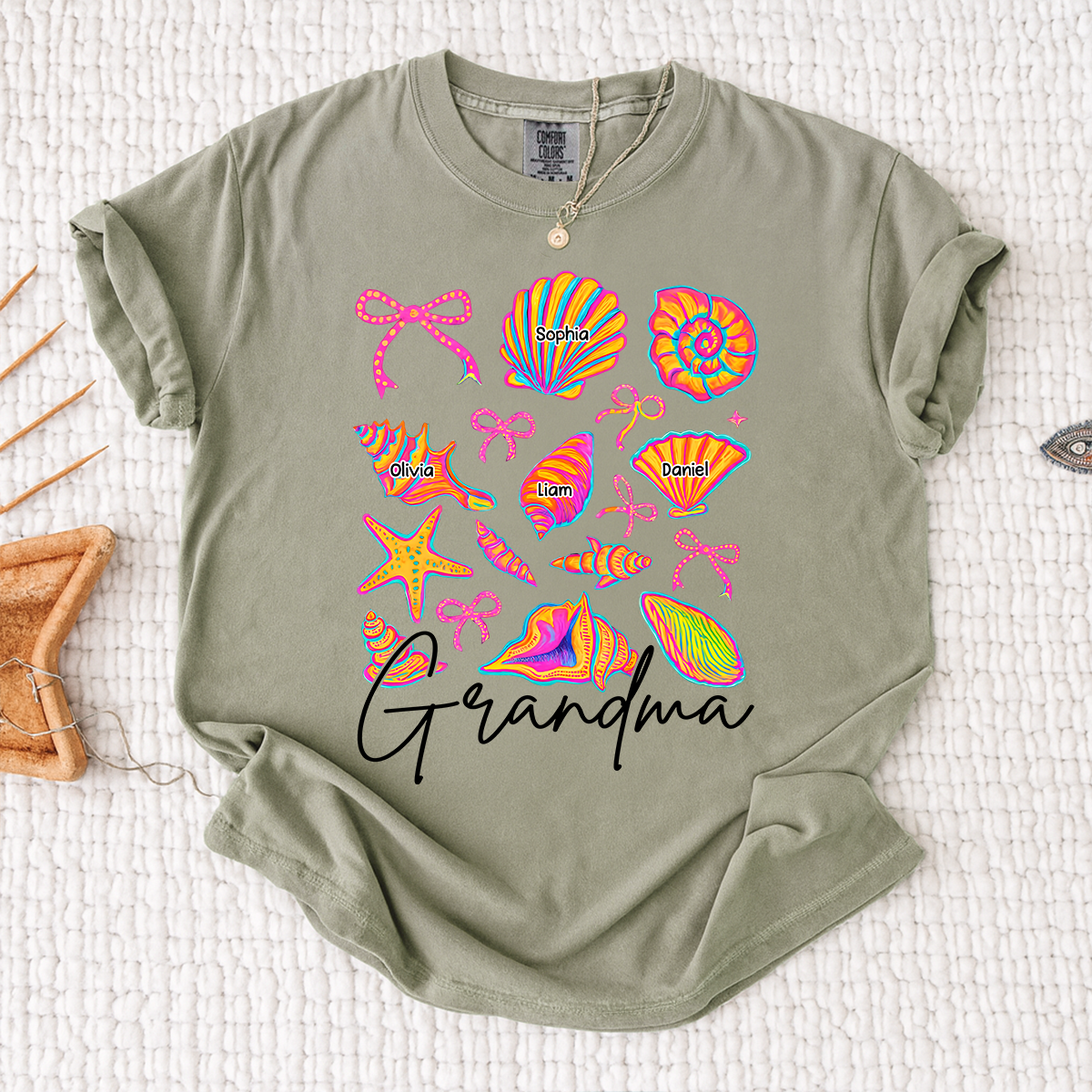 Comfort Colors Personalized Grandma Shirt with Grandkids Names, Custom Beach Seashell Grandma Tee, Coastal Summer Family Gift for Grandmother