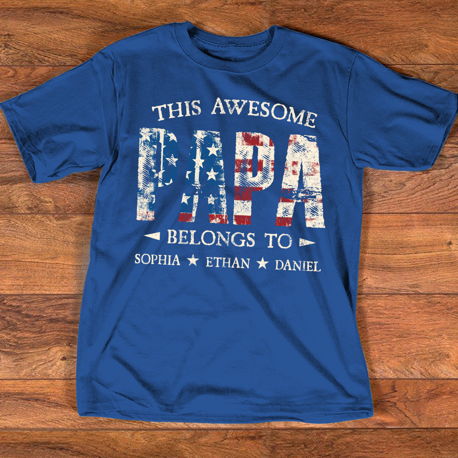 Custom This Awesome PAPA T Shirt, Personalized with Kids Names, Unique American Flag Design for Father's Day