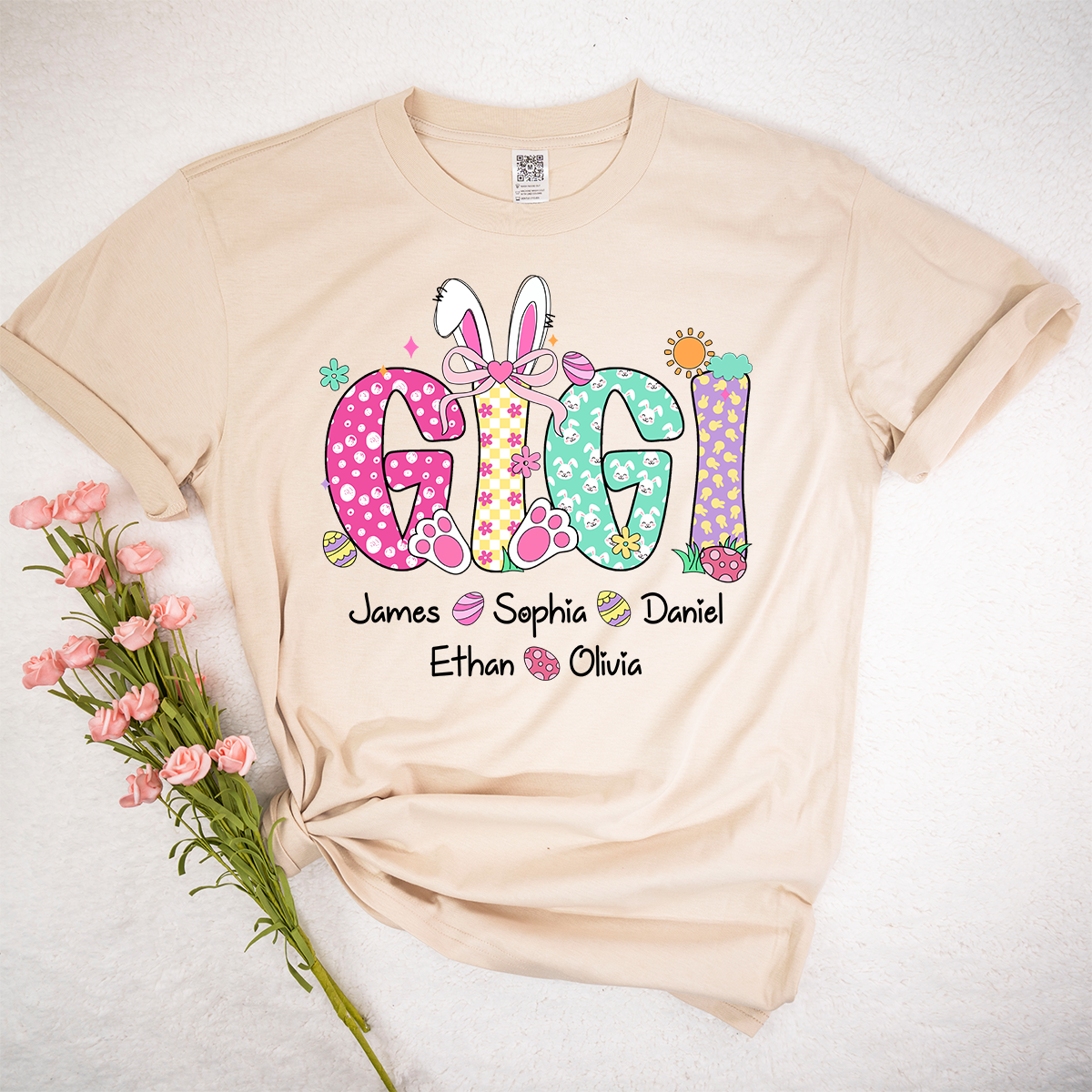 Personalized Gigi Easter Shirt With Bunny Ears, Custom Gigi Shirt With Grandkids Names