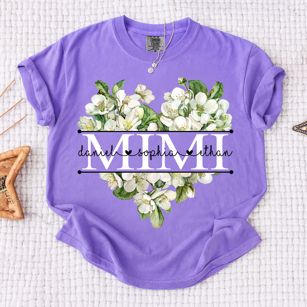 Comfort Custom Mimi T Shirt with Grandkids Names, White Floral Heart Family Tee