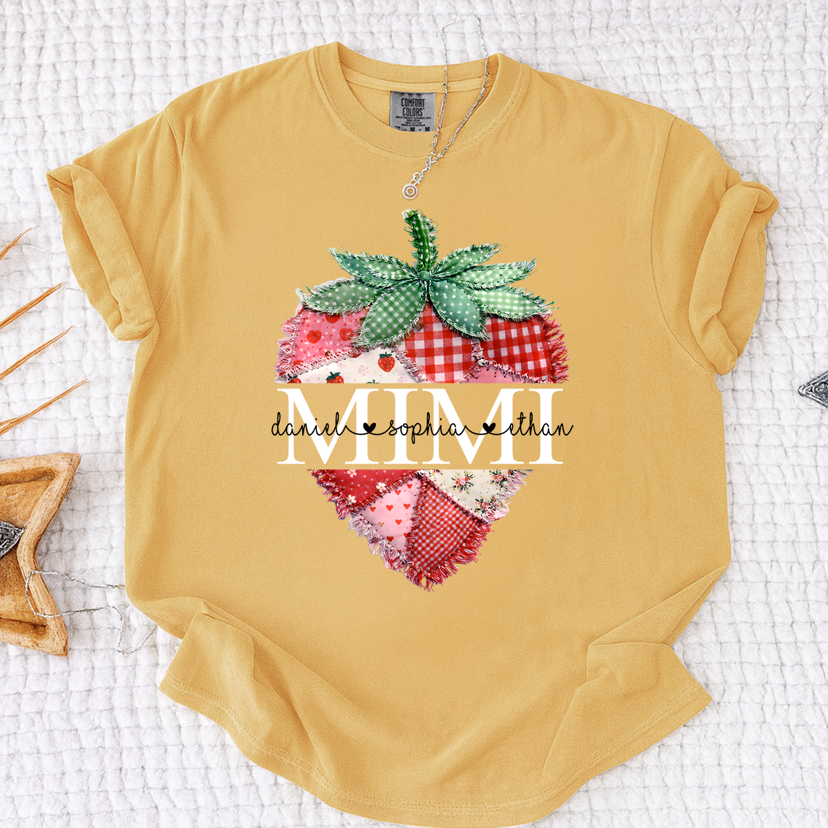 Comfort Colors Custom Mimi Strawberry Patchwork Tee, Personalized Grandma Shirt with Grandchildren Names, Birthday Christmas Family Gift