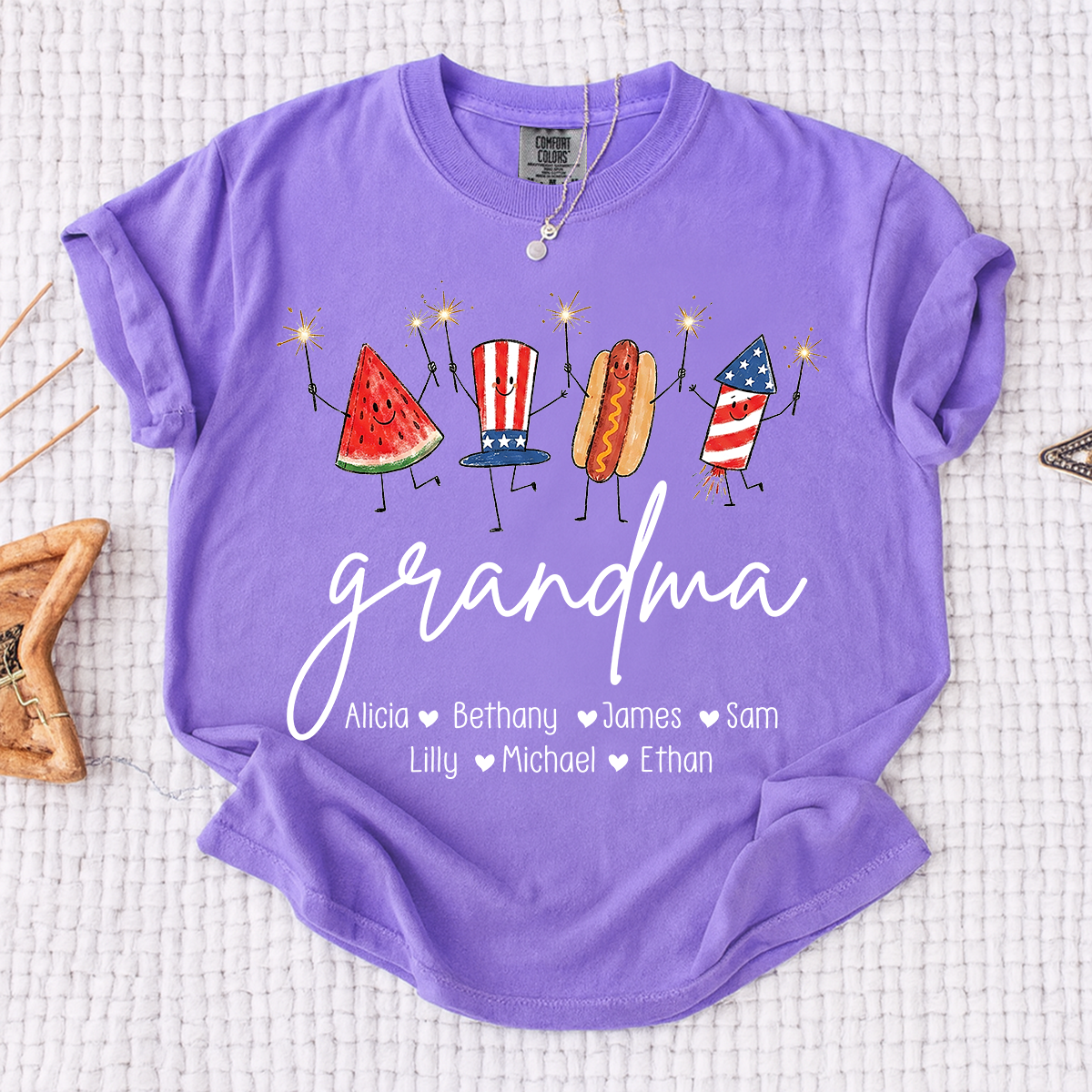 Comfort Colors® Personalized Grandma 4th of July Shirt with Grandkids Names, Patriotic Firecracker Family Tee, Custom Independence Day Grandma Gift
