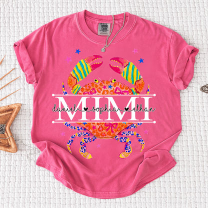 Comfort Colors® Women’s Mimi Crab Graphic T-Shirt Fun Family Vacation Casual Summer Top