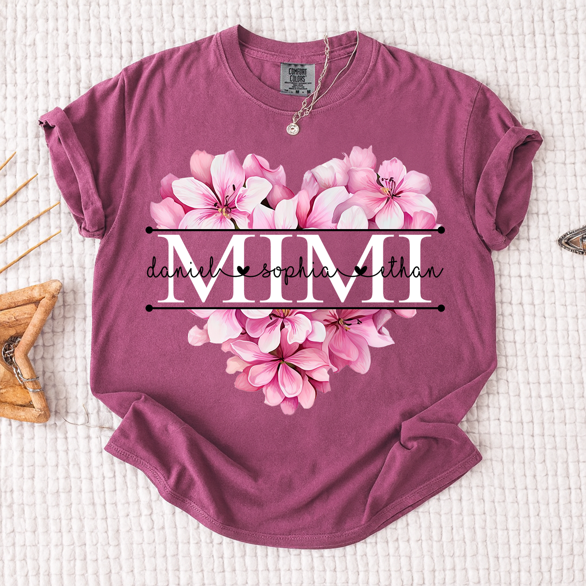 Comfort Colors Pink Floral Heart Design Family Tee, Personalized Mimi Shirt with Custom Names