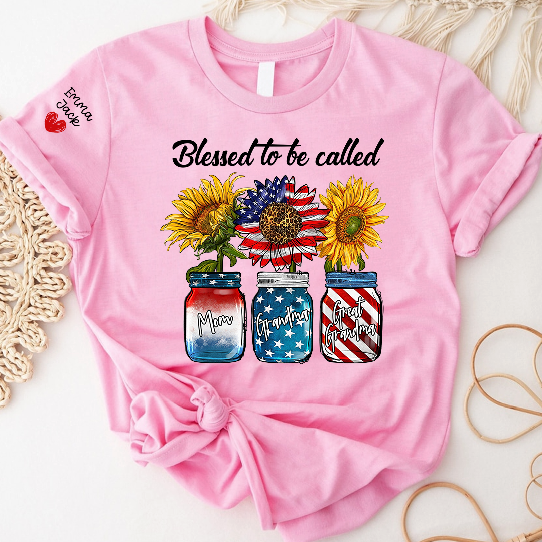 Blessed to be Called Nana Shirt, Custom Family T-Shirt with Sunflower and Flag Design, Give Family