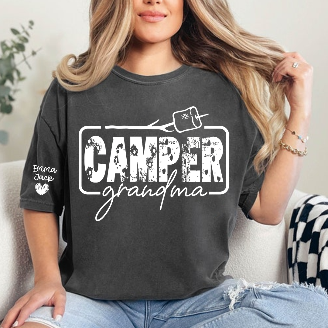 Camper Grandma Shirt, Funny Camping Grandma Tee, Personalized Grandkids Names Sleeve Shirt, RV Camper Gift for Grandma