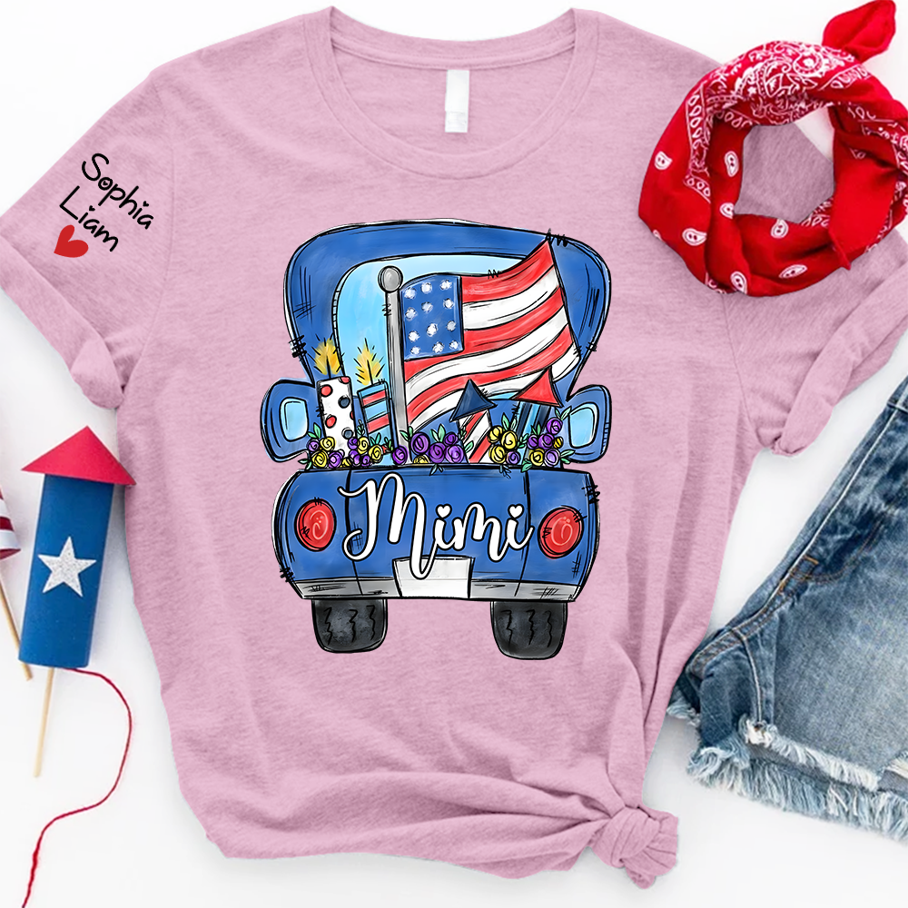 Mimi Shirt with Custom Names, Patriotic Pickup Truck Fireworks Graphic, Independence Day Family Matching Outfit