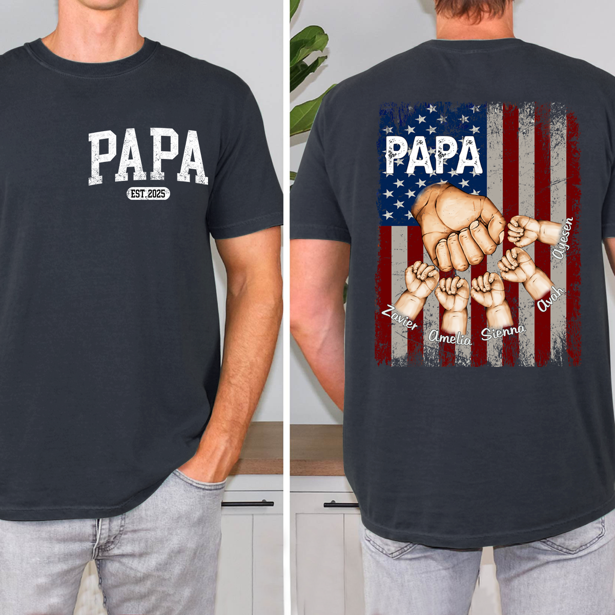 Personalized Papa Fist Bump Grandchild Names Shirt, Customized Fathers Day Grandkids Hands Name T-Shirt