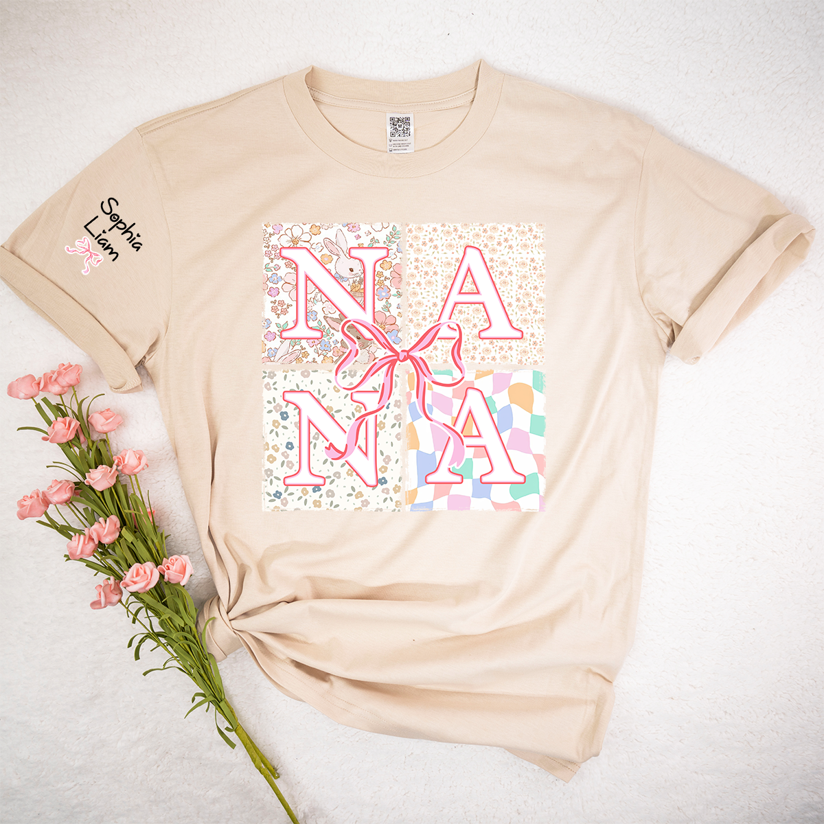 Personalized Nana Easter Shirt, Custom Grandma Shirt With Grandkids Names, Floral Bunny Patchwork Design
