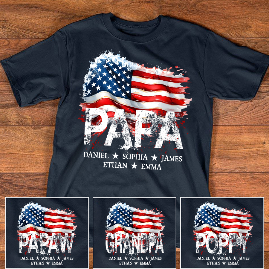 Papa American Flag Shirt, Personalized Papa Tee with Kids Names, Patriotic Grandpa Gift, Custom Family Shirt for Dad