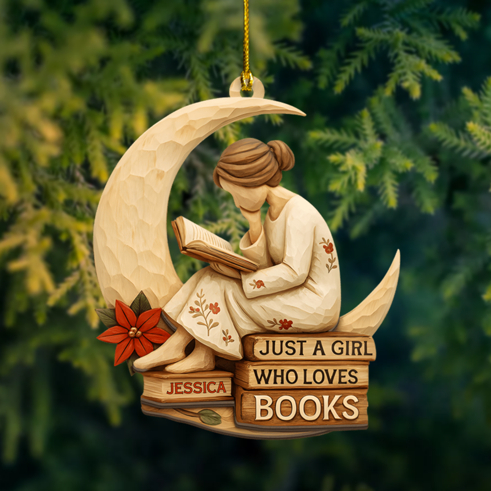 Personalized Book Lover Ornament – Custom Name Reading Girl on Moon Christmas Decoration 2025 Ornament