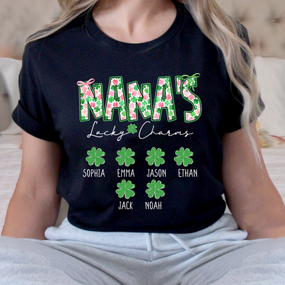 Nana’s Lucky Charms Shirt, Personalized St Patrick’s Day Shamrock Family T-Shirt