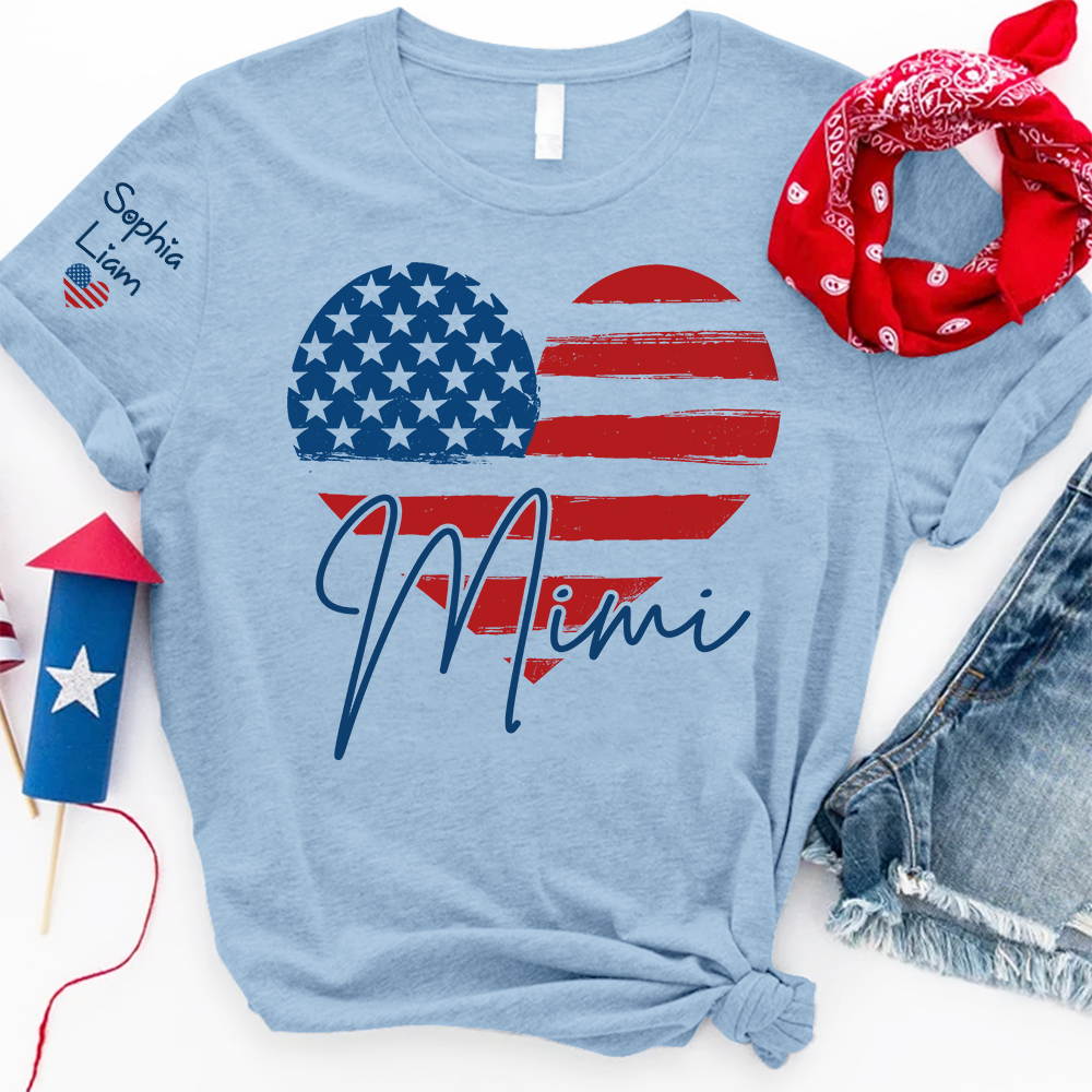 Personalized Mimi Shirt, American Flag Heart Design, Custom Name, Patriotic Fourth of July T Shirt, Independence Day Outfit