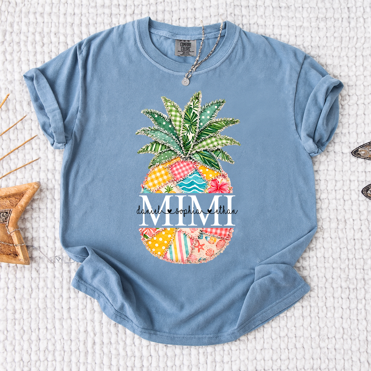 Comfort Colors Custom Mimi Pineapple Patchwork Shirt, Personalized Grandma Beach Tee with Grandchildren Names, Summer Family Gift
