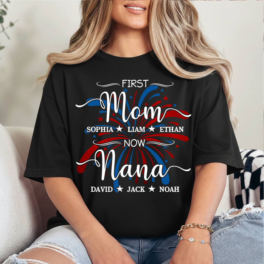 Custom Printed T-shirts Featuring American Fireworks For First Mom, Now Grandma, Patriotic T-shirts With Personalized Family Names For Grandma And Her Grandchildren