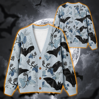 Black Bat Botanical Halloween Cardigan, Gothic Vine Knitted Sweater, Spooky Nature All Over Print Cardigan, Witchy Fall Outfit