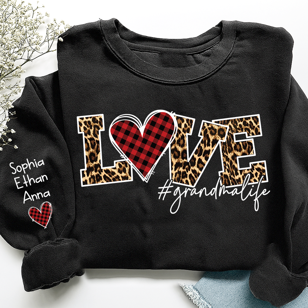 Grandma Sweatshirt Personalized with Names, Love Leopard Print Heart, Cozy Family Crewneck for Grandma