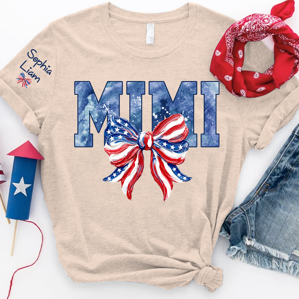 Custom Mimi Shirt with Sleeve Names, American Flag Bow Graphic Tee, Patriotic Grandma Independence Day Apparel