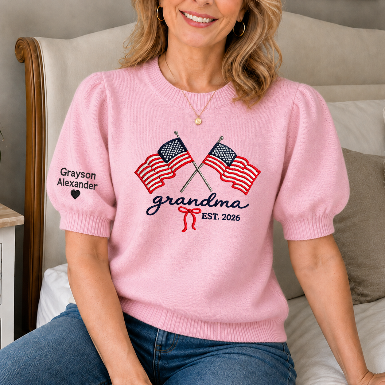 Embroidered Grandma American Flag Knit Sweater, Personalized Crewneck, Custom Sleeve Name, Est 2026 Grandma Gift