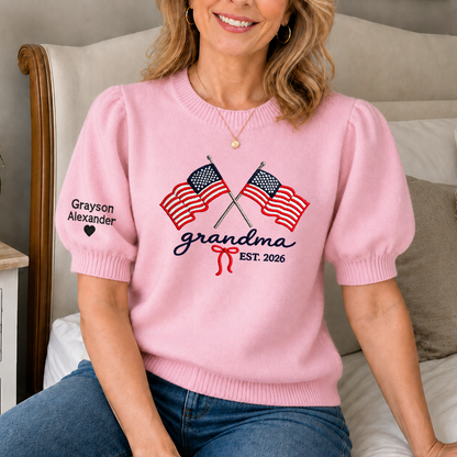 Embroidered Grandma American Flag Knit Sweater, Personalized Crewneck, Custom Sleeve Name, Est 2026 Grandma Gift