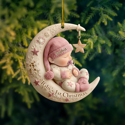 Personalized Baby’s 1st Christmas Ornament 2025 – Custom Name Sleeping Baby on Moon Ornament, Newborn Keepsake Gift for Boys & Girls Ornament