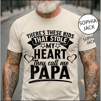 Personalized Papa T-Shirt – “These Kids Stole My Heart” Custom Names Gift for Dad Fathers Day Birthday