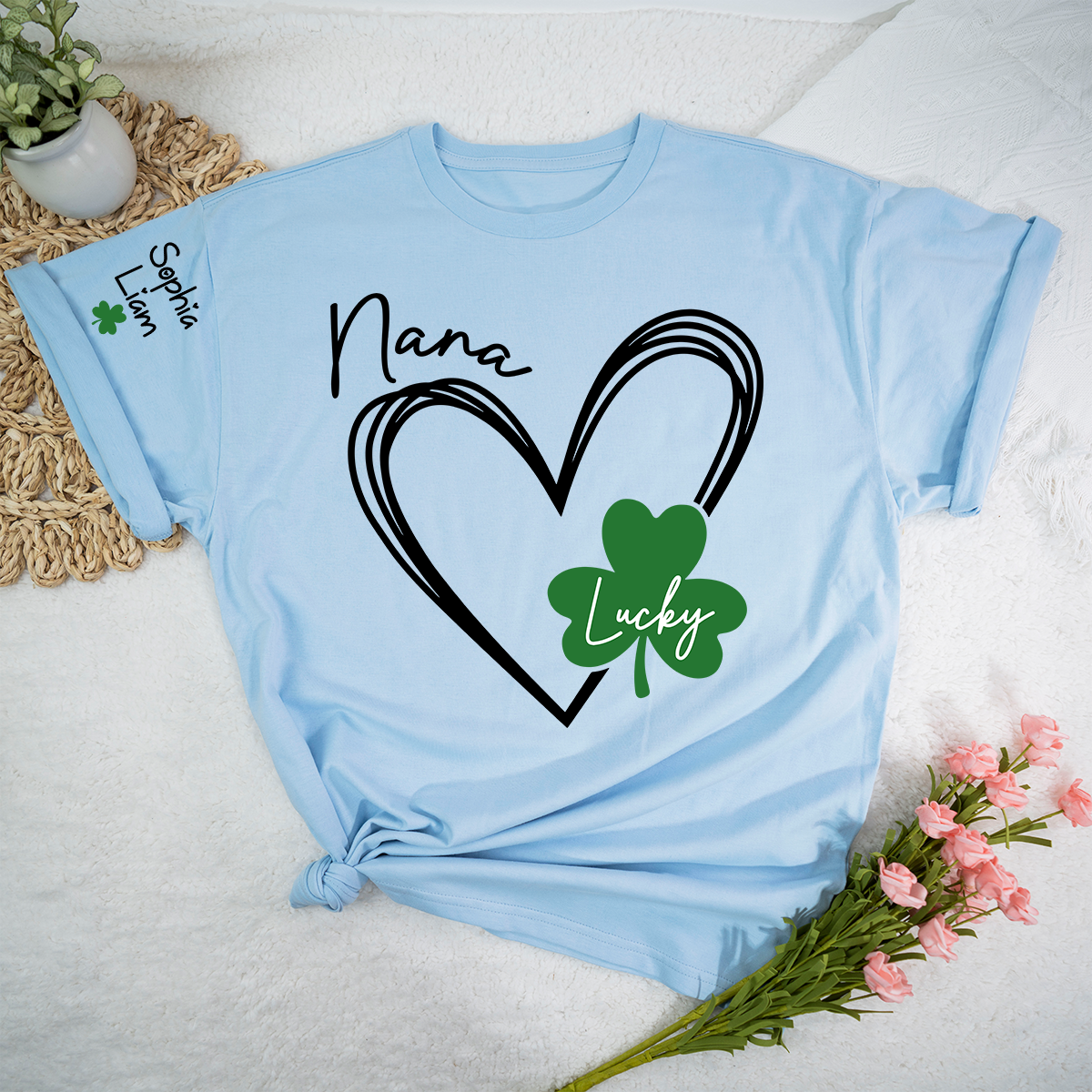 Nana Lucky Shamrock Heart T Shirt Personalized with Kids Names, Custom Grandma Shirt for St Patrick’s Day Celebration, Family Matching Green Clover Top