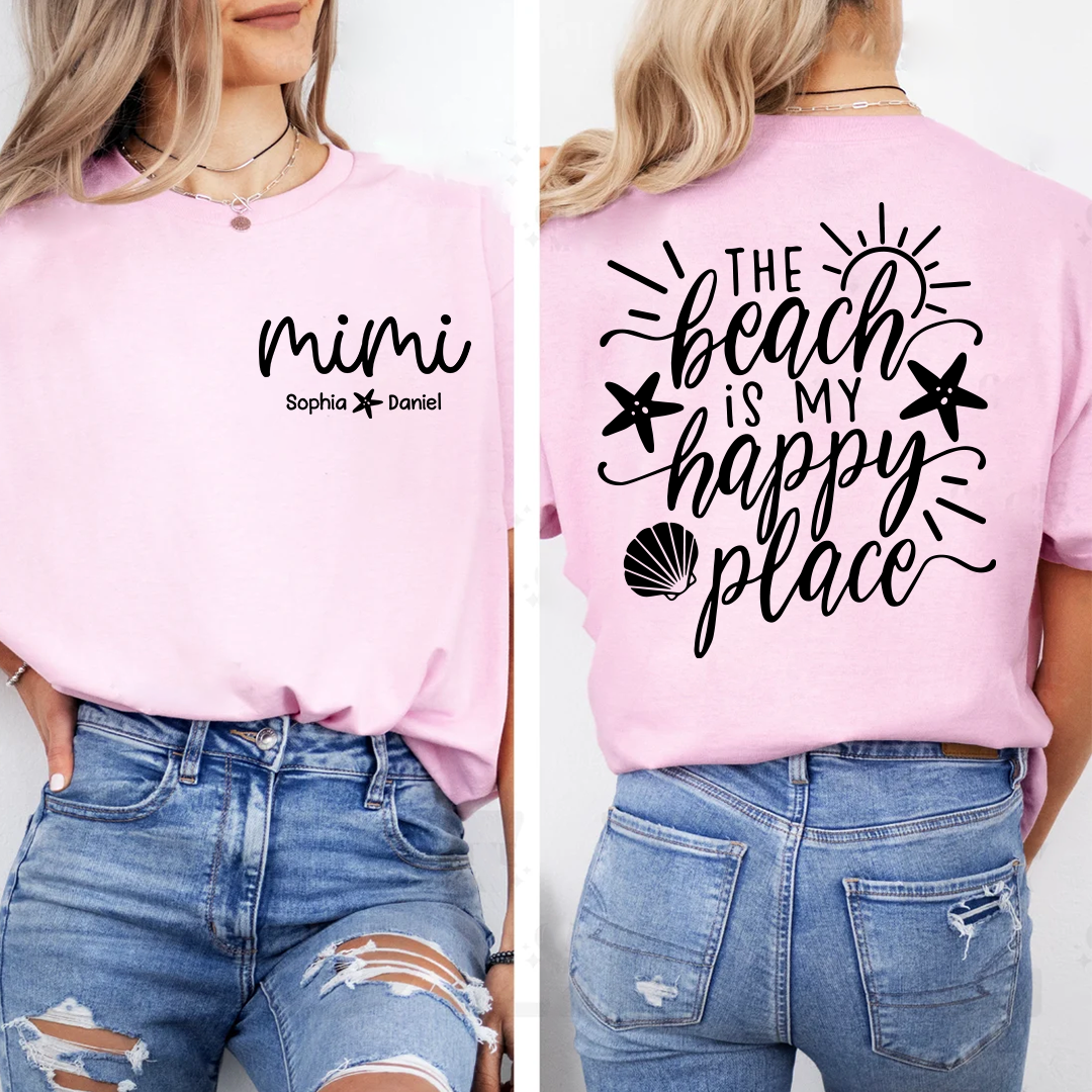 Personalized Mimi The Beach Is My Happy Place Shirt, Custom Grandkids Names T-Shirt, Beach Lover Grandma Gift, Summer Vacation Tee