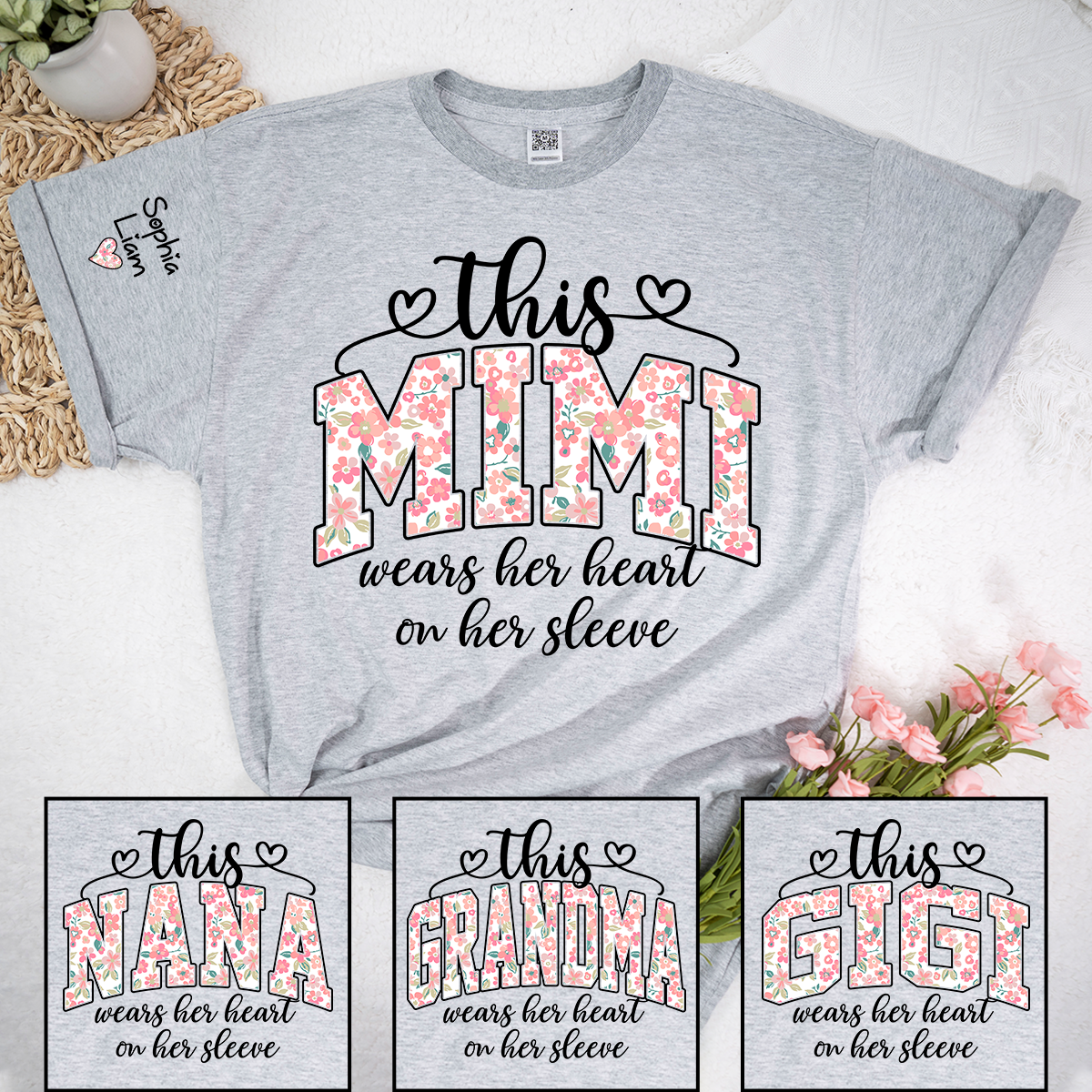 This Mimi Wears Her Heart On Her Sleeve Shirt, Personalized Mimi Shirt with Kids Names on Sleeve, Custom Grandma Gift