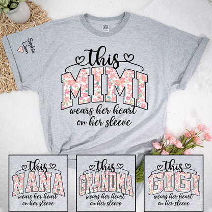 This Mimi Wears Her Heart On Her Sleeve Shirt, Personalized Mimi Shirt with Kids Names on Sleeve, Custom Grandma Gift