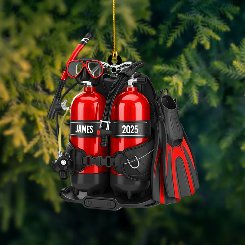 Personalized Scuba Diving Ornament 2025 – Custom Name Diver Ornament with Gear Set, Perfect Gift for Ocean Lovers & Divers Ornament
