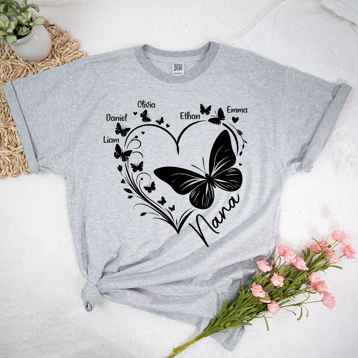 Nana Butterfly Heart Shirt with Kids Names, Personalized Nana Grandma T-Shirt Gift for Her