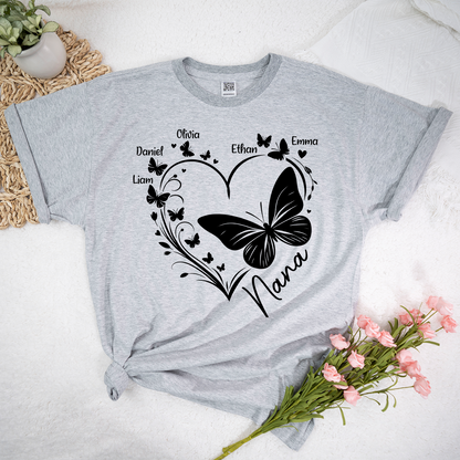 Nana Butterfly Heart Shirt with Kids Names, Personalized Nana Grandma T-Shirt Gift for Her