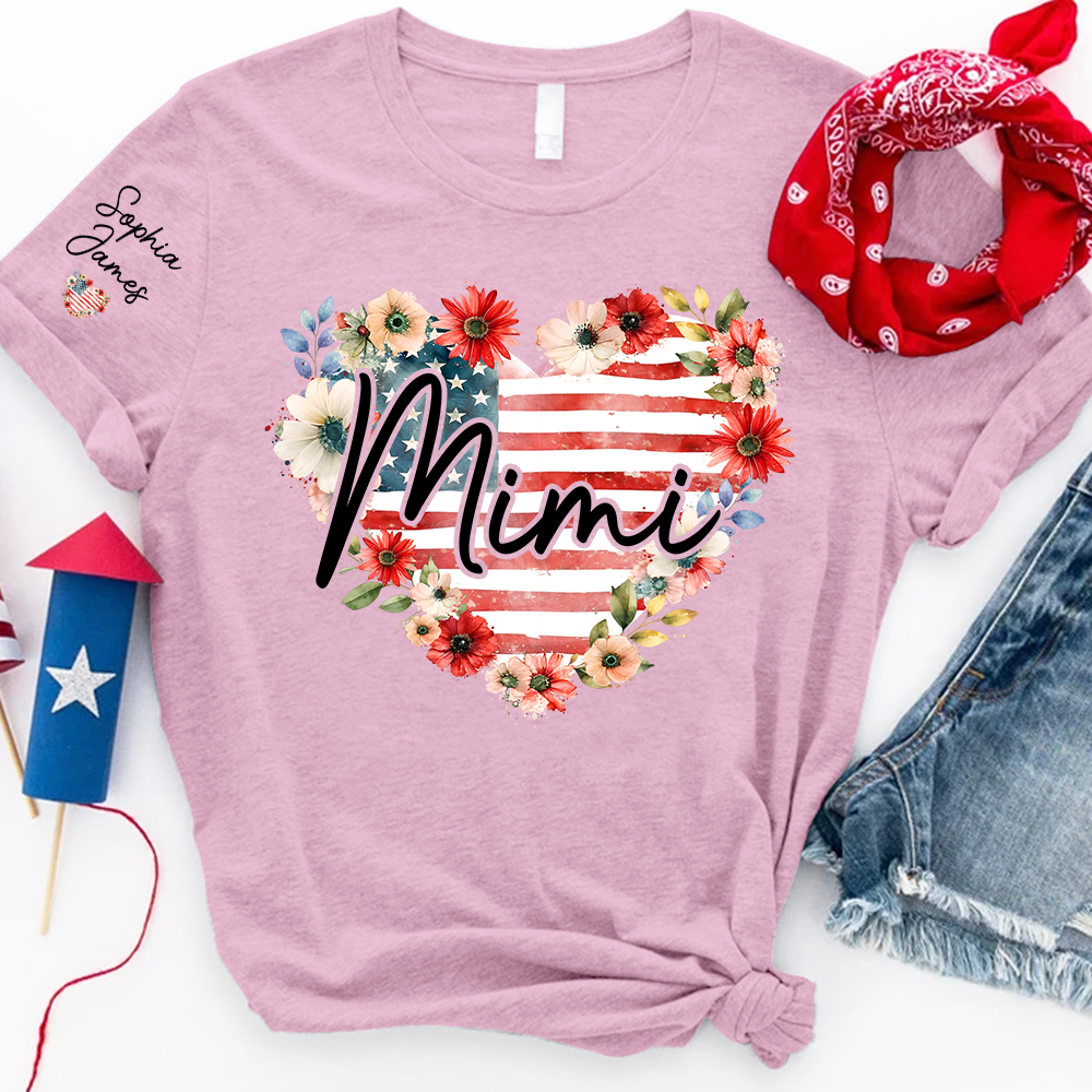 Floral Heart Mimi Shirt – Personalized Family Names with American Flag Design, Great Gift for Mimi