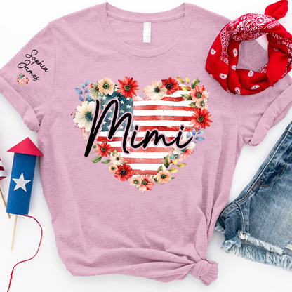 Floral Heart Mimi Shirt – Personalized Family Names with American Flag Design, Great Gift for Mimi