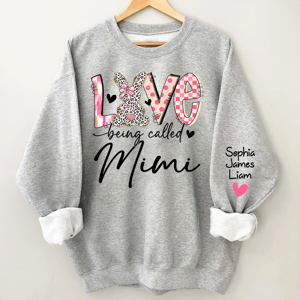 Love Being Called Mimi Sweatshirt With Bunny Design And Names, Easter Family Gift