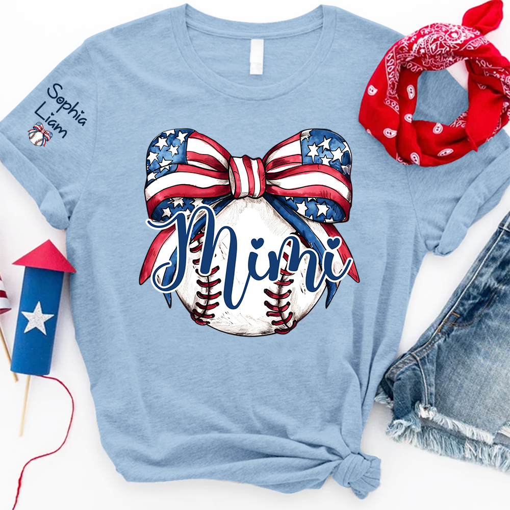 Personalized Mimi Baseball Shirt, Custom Grandma Baseball Bow T Shirt with Kids Names, Patriotic Family Gift for 4th of July