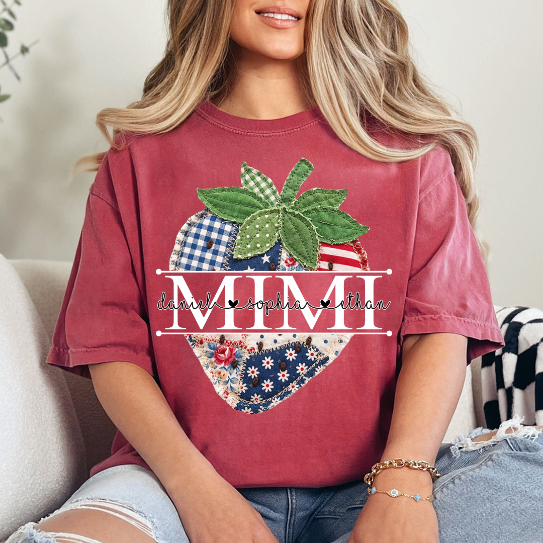 Custom Mimi 4th of July Strawberry Shirt, Personalized Cute Summer Grandma Tee For Gift Grandma And Kids