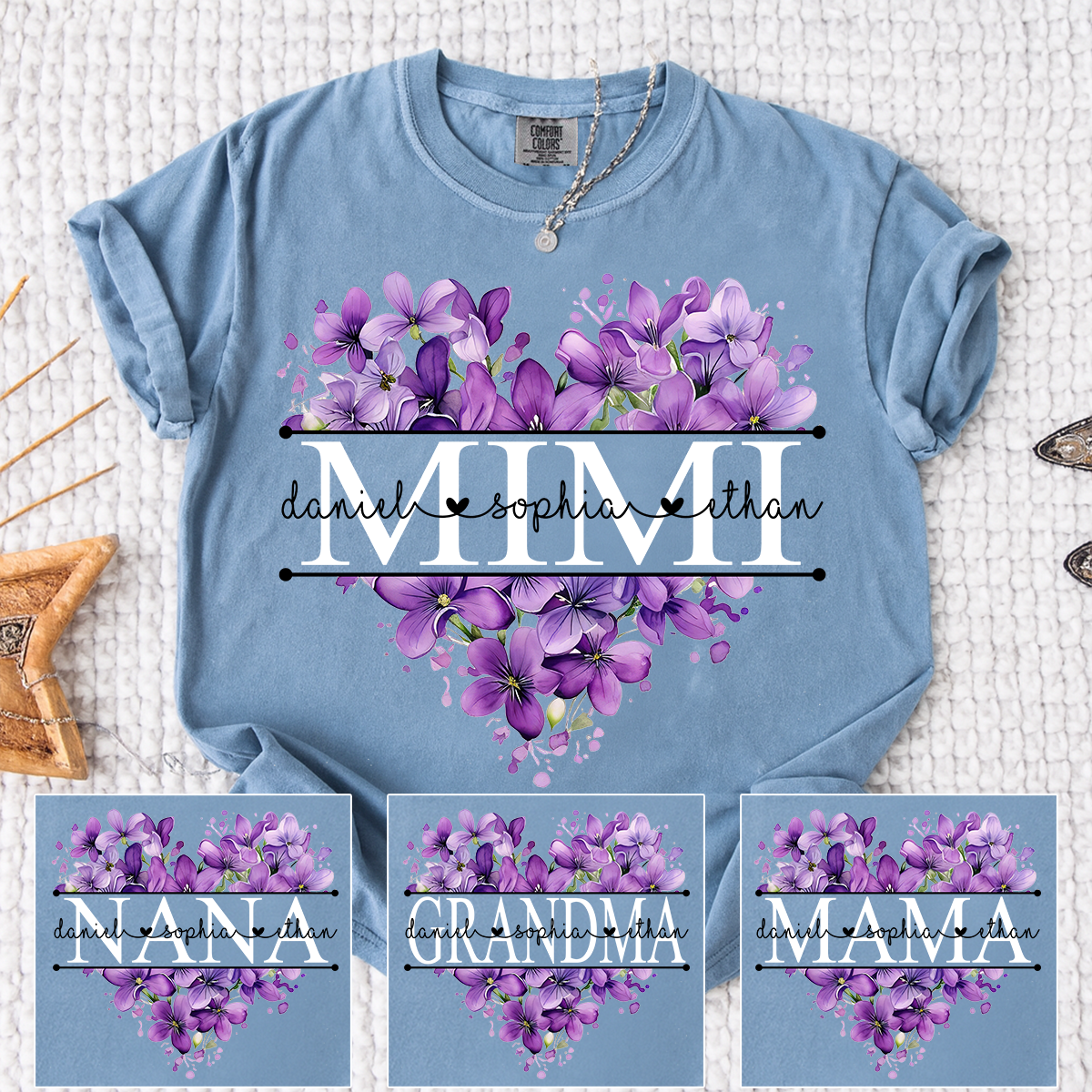 Comfort Colors Purple Floral Heart Mimi Shirt, Personalized Family Names and Violet Flower Design T Shirt