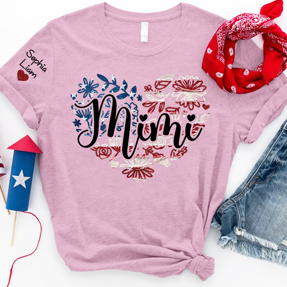 Custom Mimi T Shirt with Kids Names Patriotic Heart American Flag Floral Design Personalized Family Gift for Mimi