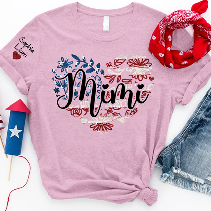 Custom Mimi T Shirt with Kids Names Patriotic Heart American Flag Floral Design Personalized Family Gift for Mimi