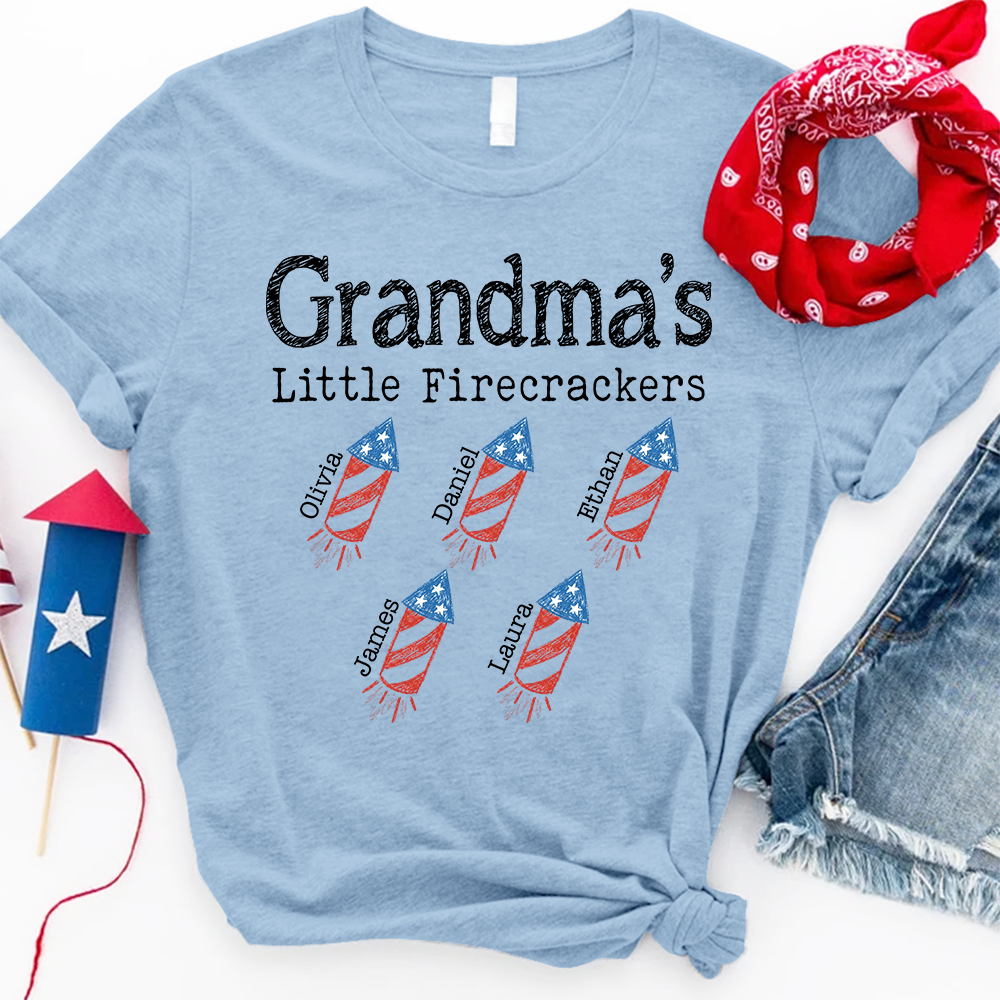 Custom Grandma Little Firecrackers T Shirt, Personalized Kids Names, Patriotic Firework Rockets Graphic, July 4th Family Matching Apparel