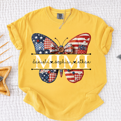 Comfort Mimi Patriotic Shirt, Custom Names with USA Flag and Floral Butterfly Graphic