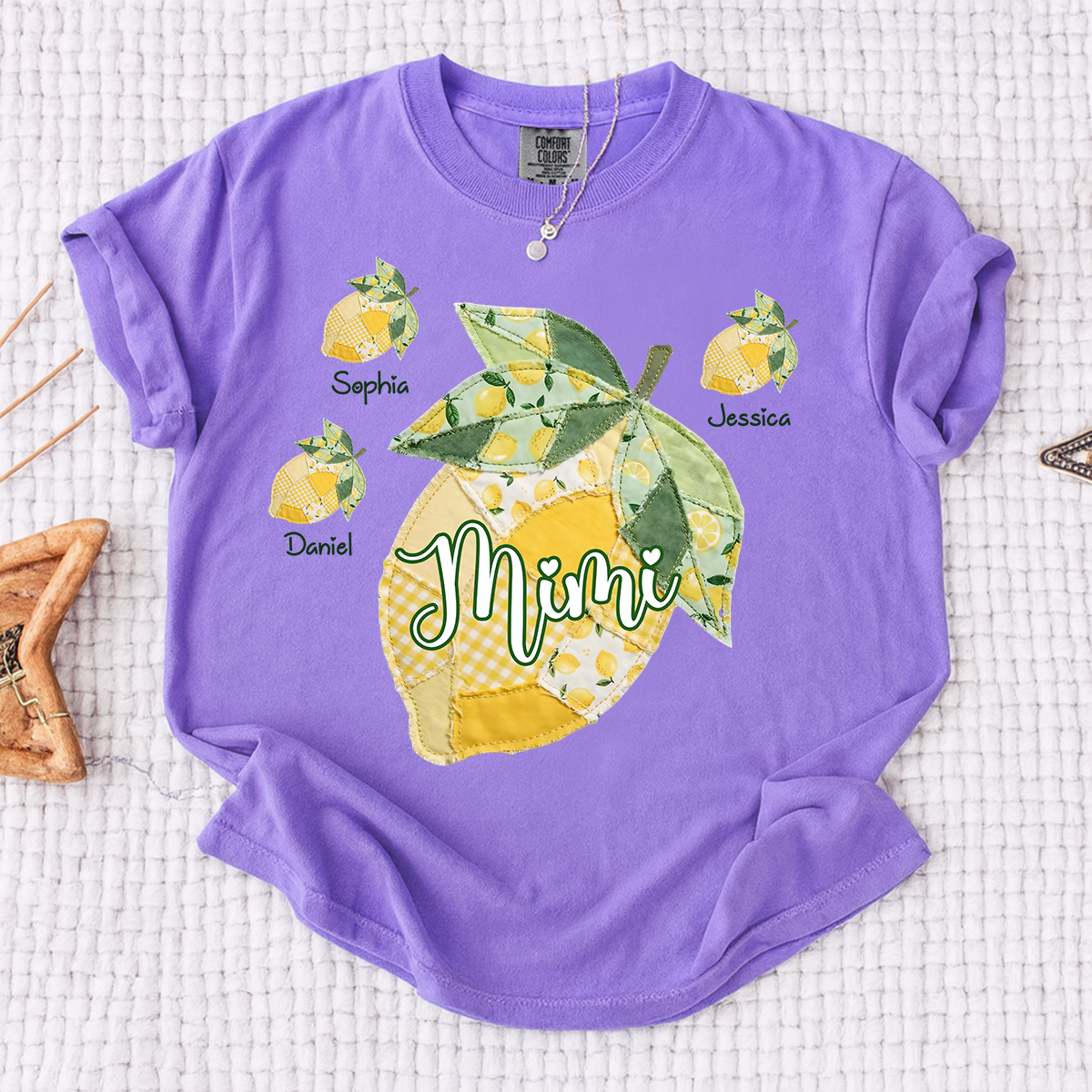 Comfort Colors Personalized Mimi Lemon Shirt with Grandkids Names, Custom Grandma Lemon Patchwork T Shirt for Women, Summer Family Gift